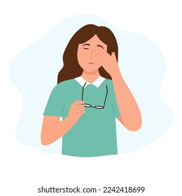 Woman suffers from sore eyes. Inflammation and sharp pain in eyes.  Redness eyes. Conjunctivitis, infection and allergies symptom. Vector illustration.