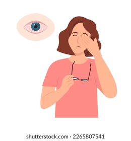 La mujer sufre de dolor de ojos. Inflamación y dolor agudo en los ojos.  Ojos de enrojecimiento. Conjuntivitis, infección y síntomas de alergias. Ilustración vectorial.