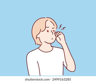 La mujer sufre de dolor en los ojos. Inflamación y dolor agudo en los ojos. Enrojecimiento, ojos secos. Ilustraciones de diseño de Vector de estilo dibujado a mano.