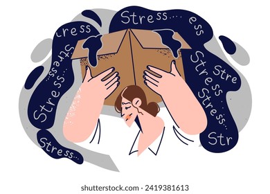 Woman suffers lot of stress causing health problems and apathy, stands with cardboard box over back. Burden of responsibility makes girl feel stress, which does not allow to enjoy life