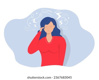 woman suffers or Stressed Health holding head suffering from headache Emotional burnout, flu, pain, depression, mental disease concepts. Flat vector design illustrations.