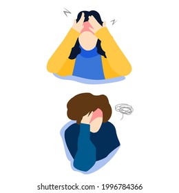 The woman suffers from terrible headaches and migraines. Flat vector illustration for stress, sickness symptoms, migraine concept on a white background