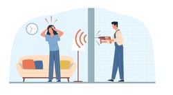 Woman Suffers From Unbearable Noise Due To Repairs In Apartment Next Door. Man Drilling Wall, Noisy Neighborhood. Home Renovation, Construction Worker Cartoon Flat Illustration. Vector Concept