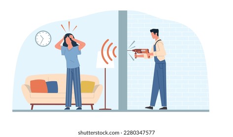 Woman suffers from unbearable noise due to repairs in apartment next door. Man drilling wall, noisy neighborhood. Home renovation, construction worker cartoon flat illustration. Vector concept