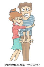 Woman suffocating man with love. Vector cartoon of woman hugging man who is annoyed, bad relationship.
