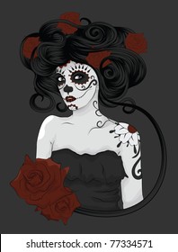 Woman as Sugar Skull Calavera Catrina with detailed hair dressed for Day of the Dead or Dia de los Muertos.