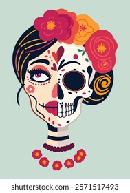 Woman sugar skull. Catrina head. Female face on one side and skull jn another. Mexican Day of the Dead. Cinco de Mayo. Vector isolated illustration.