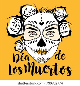 Woman with Sugar Skull Face Paint. Yellow background. Image for t-shirt, poster, flyer, publication... Day of The Dead written in Spanish.
