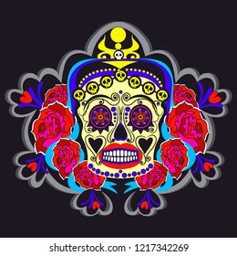 Woman sugar skull with floral ornaments poster