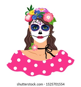 Woman with sugar skull make up vector illustration. Girl with flowers wreath isolated on white background. Dia de los muertos holiday carnival. Female character with Mexican Catrina makeup