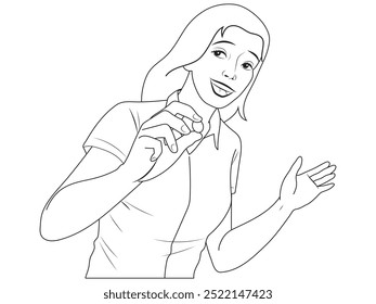 A woman suggested taking medicine facing the camera. Illustration in outline and vector format.