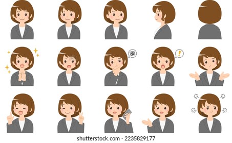 Woman in suit, 15 facial expressions, bust-up illustration