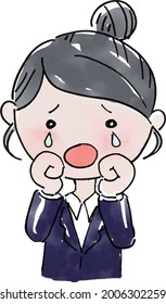 A woman in a suit with 6 facial expressions and poses (black hair and bun hair):a tearful figure