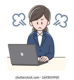 A woman in a suit is angry looking at the PC