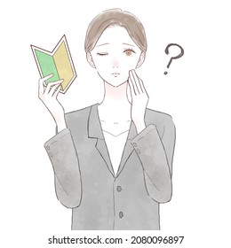 Woman in suit with beginner mark, doubtful. On white background.