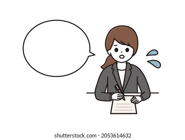 Woman In Suit, Business Woman Balloon Illustration That Is In Trouble To Fill In