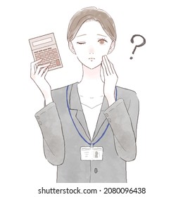 Woman in suit with calculator, questioned. On white background.