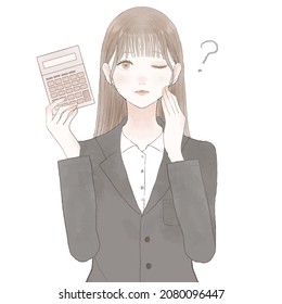 Woman in suit with calculator, questioned. On white background.