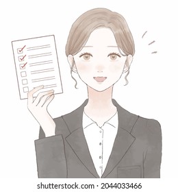 Woman in suit with checklist. On a white background.