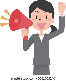 A woman in a suit cheering with a loudspeaker