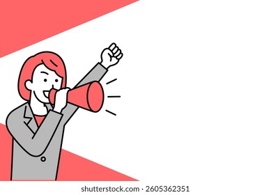 Woman in a suit cheering with a megaphone