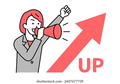 Woman in a suit cheering with a rising arrow and a megaphone