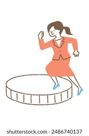 Woman in suit climbing on big money_color