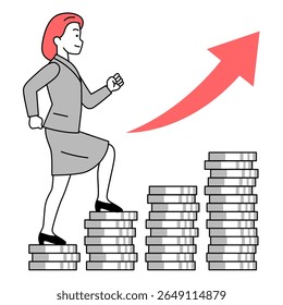 Woman in a suit climbing a staircase made of money