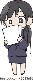 A woman in a suit with documents.