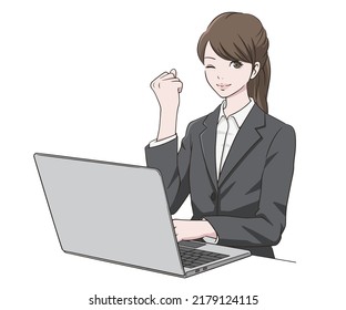 A woman in a suit doing a guts pose