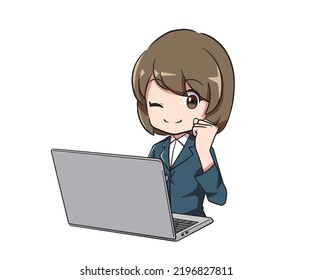 A woman in a suit doing a guts pose in front of a PC