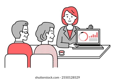 Woman in a suit explaining a computer to an elderly couple