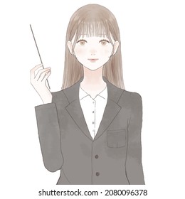 Woman in suit explaining while holding instruction stick. On white background.