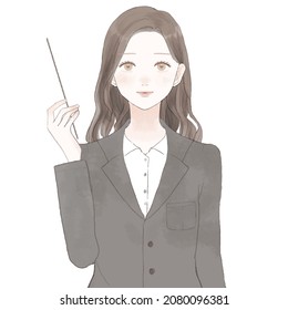 Woman in suit explaining while holding instruction stick. On white background.