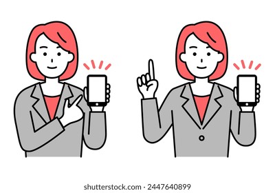 Una mujer con un traje explicando mientras sostiene un smartphone