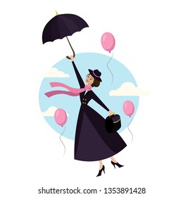 Woman in a suit flying on an umbrella in the sky with pink balloons. Vector illustration of a fairytale character. Lady with umbrella