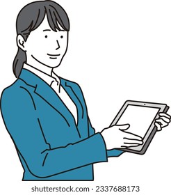 A woman in a suit giving guidance on a tablet