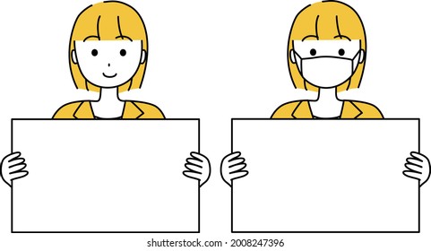 A woman in a suit has a piece of paper(set with and without mask)
