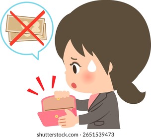Uma mulher de terno está tendo problemas porque não tem dinheiro na carteira