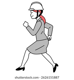 Woman in a suit and helmet running (sideways)