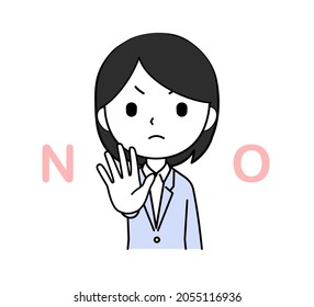 A woman in a suit with her hands sticking out | Refusal NO Denial Stop