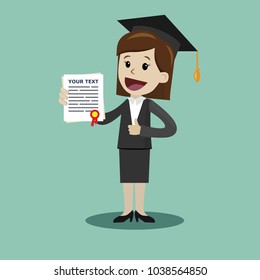 A woman in a suit hold a degree certificate of college or business school or diploma of university.