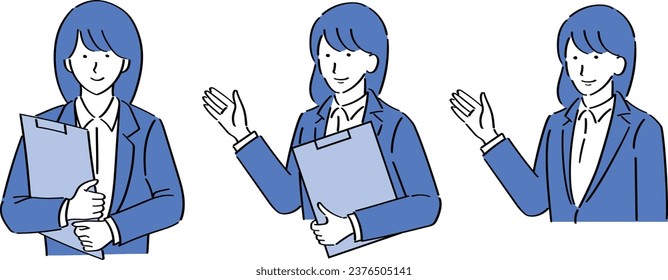 A woman in a suit holding a binder and guiding
