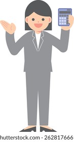 A woman in a suit holding a calculator