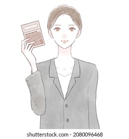 Woman in suit holding calculator. On white background.