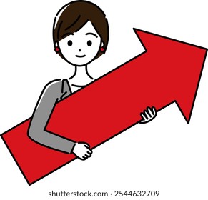 A woman in a suit holding a red arrow pointing upwards