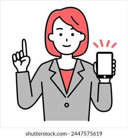 A woman in a suit holding up a smartphone and giving an explanation