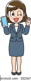 
A woman in a suit holding a smartphone and signing OK