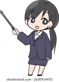 A woman in a suit holding a stick.