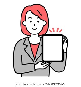 A woman in a suit holding a tablet and explaining